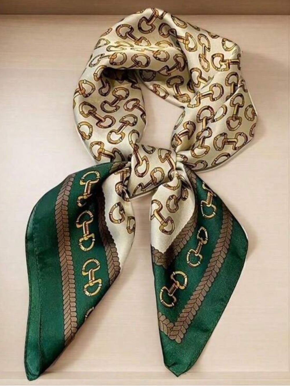 & Other Stories Green and Cream Chain-Print Silk-Feel Neck Scarf